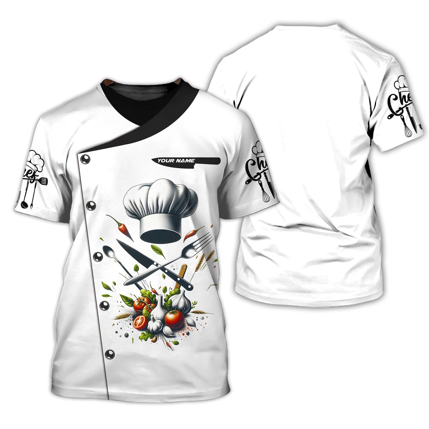 Camisa de chef personalizada: conjunto de herramientas culinarias clásicas y hierbas frescas