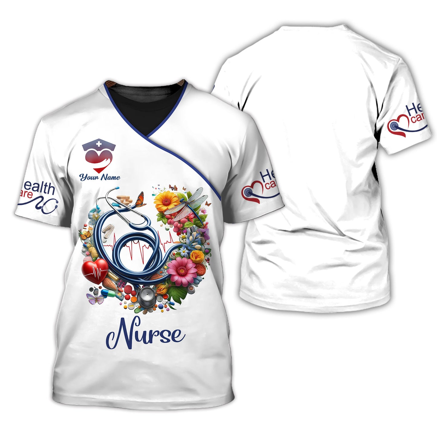 Personalized Nurse Shirts - Colorful Medical Elements Design for Healthcare Professionals