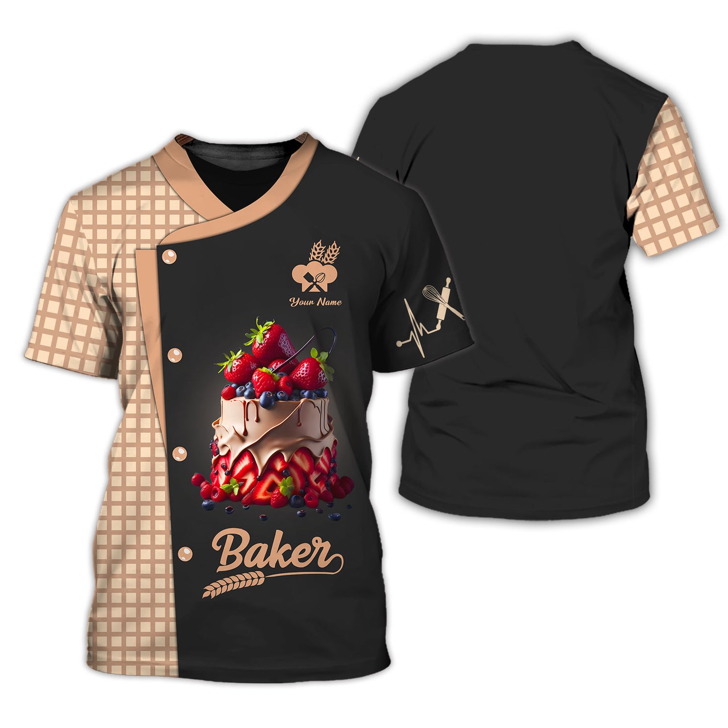 Personalized Baker Shirts - Decadent Berry Topped Cake Design for Dessert Artisans