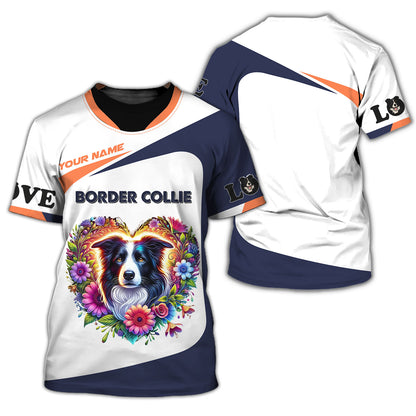 Camiseta personalizada de Border Collie: diseño floral vibrante en forma de corazón