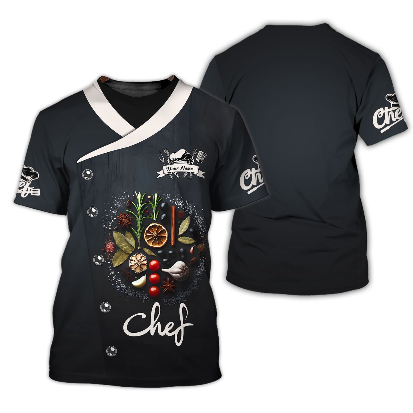 Chemise de chef personnalisée - Arrangement élégant d'épices et d'herbes pour les professionnels de la cuisine