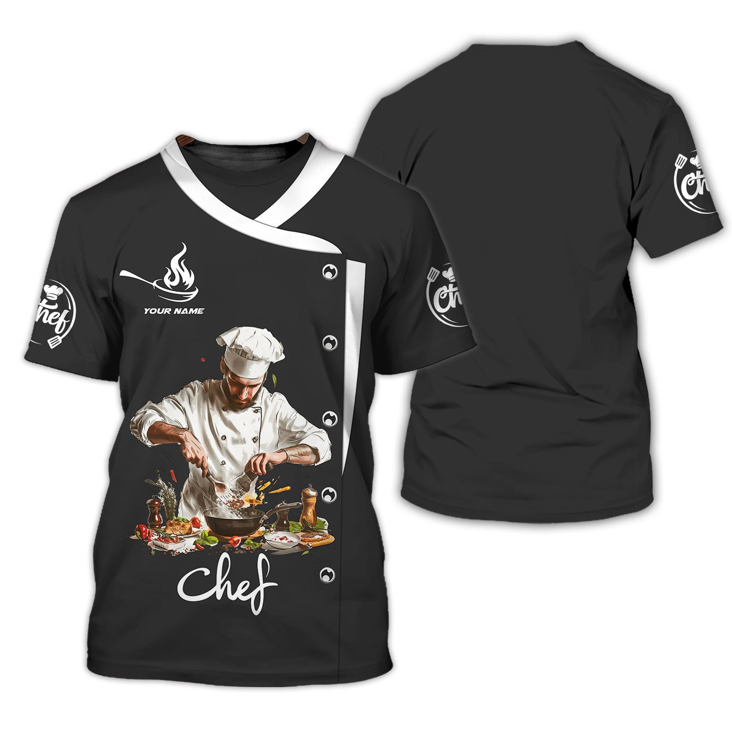 Camiseta de chef personalizada: chef maestro en acción con escena de cocina dinámica