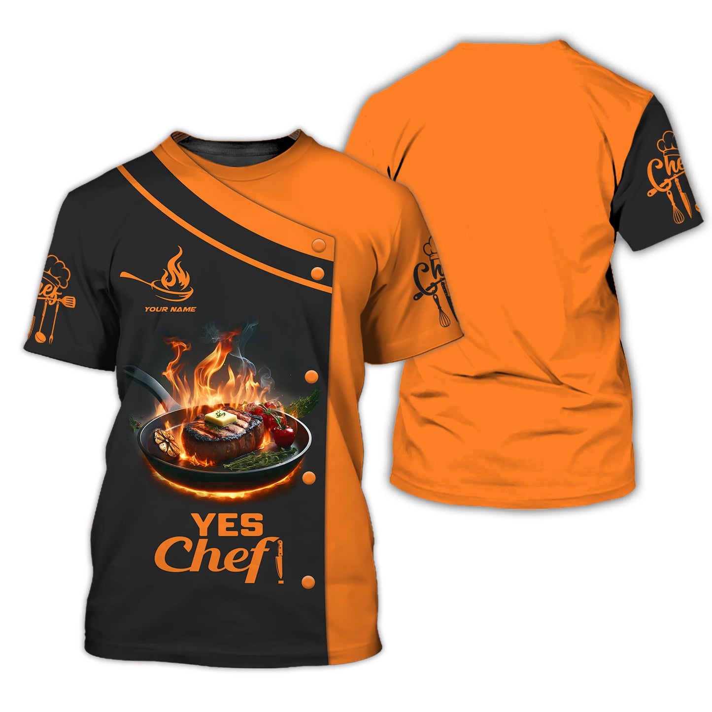 Camisa de chef personalizada: filete en llamas para entusiastas de la cocina, ¡Sí, chef!