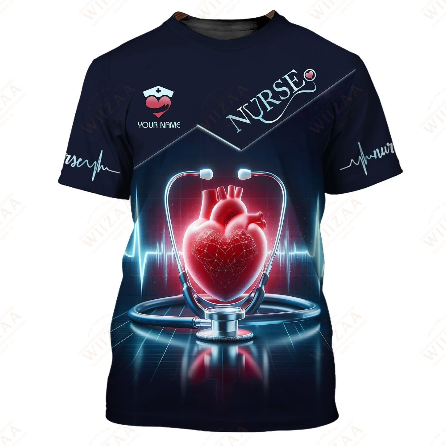 Camiseta de enfermera personalizada: gráfico de latidos del corazón y estetoscopio | Camiseta médica de corte cómodo