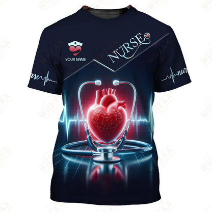 T-shirt d'infirmière personnalisé - Graphique de battement de cœur et de stéthoscope | T-shirt médical coupe confortable