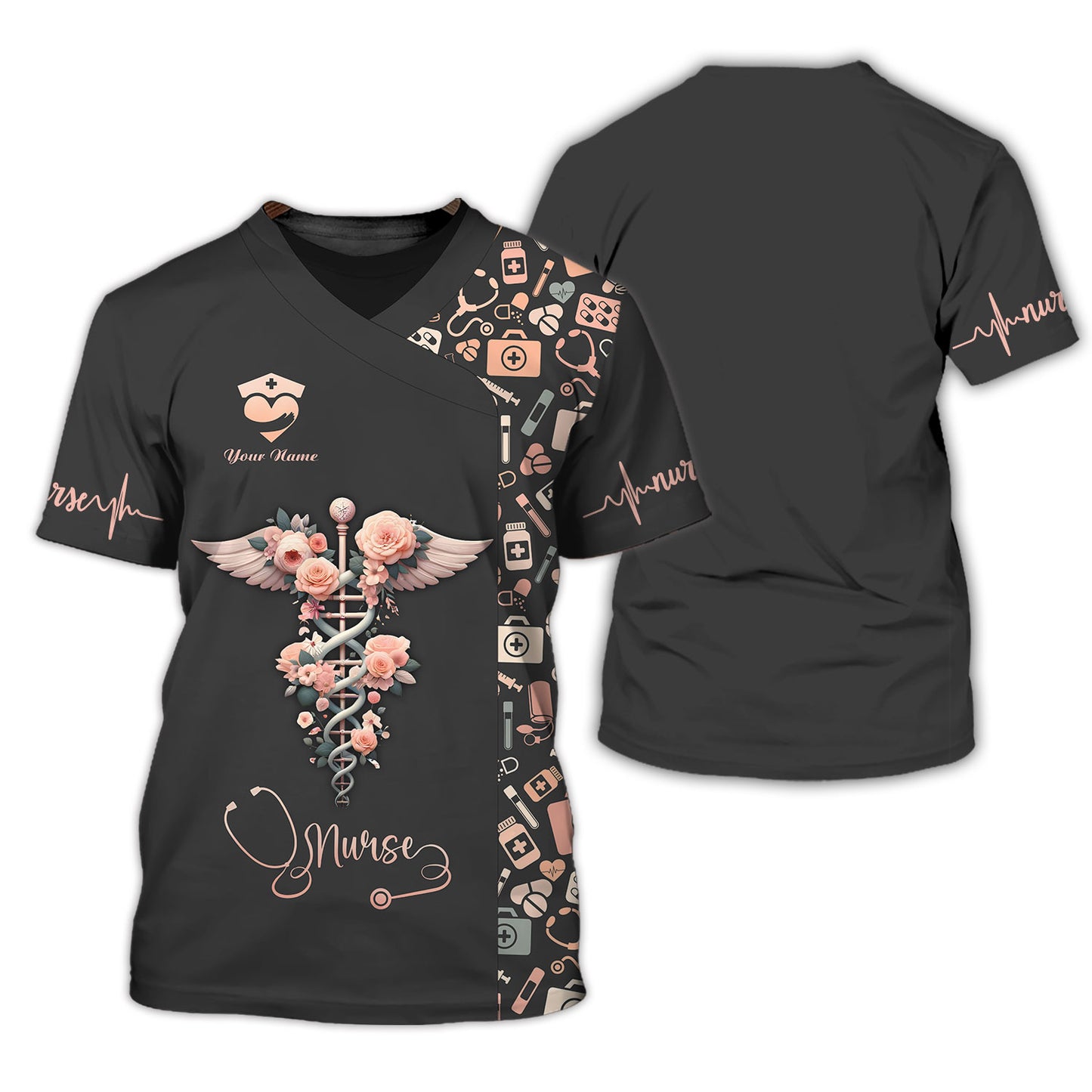 T-shirt d'infirmière personnalisé – Motif caducée floral avec ailes angéliques