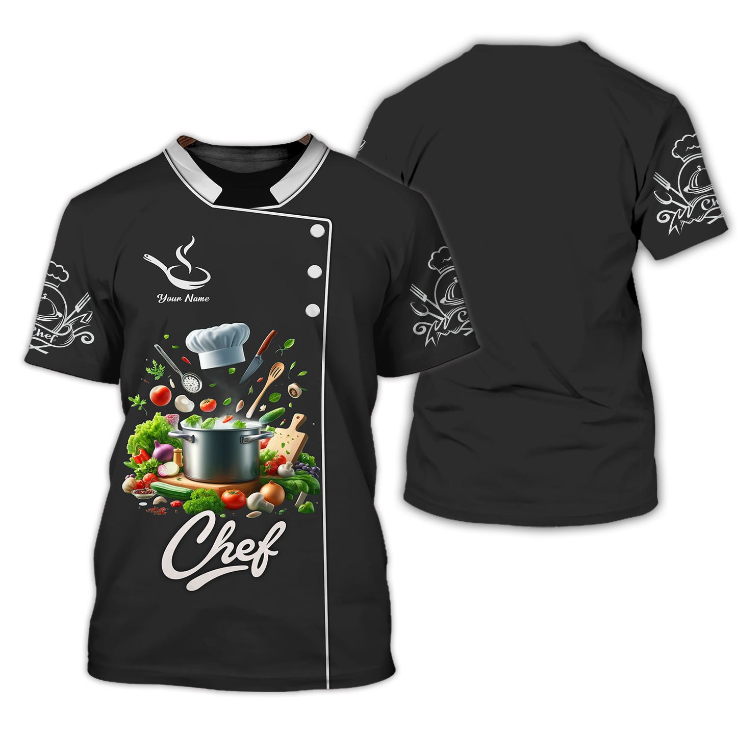 Camiseta de chef personalizada: ingredientes gourmet frescos en una olla para expertos gastronómicos