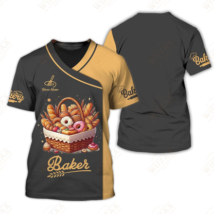 Camiseta de panadero personalizada: cesta de repostería gourmet con borde dorado