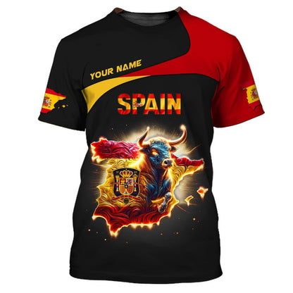 Personalized Spain Pride Shirt - Fiery Bull Design for Spain Fans