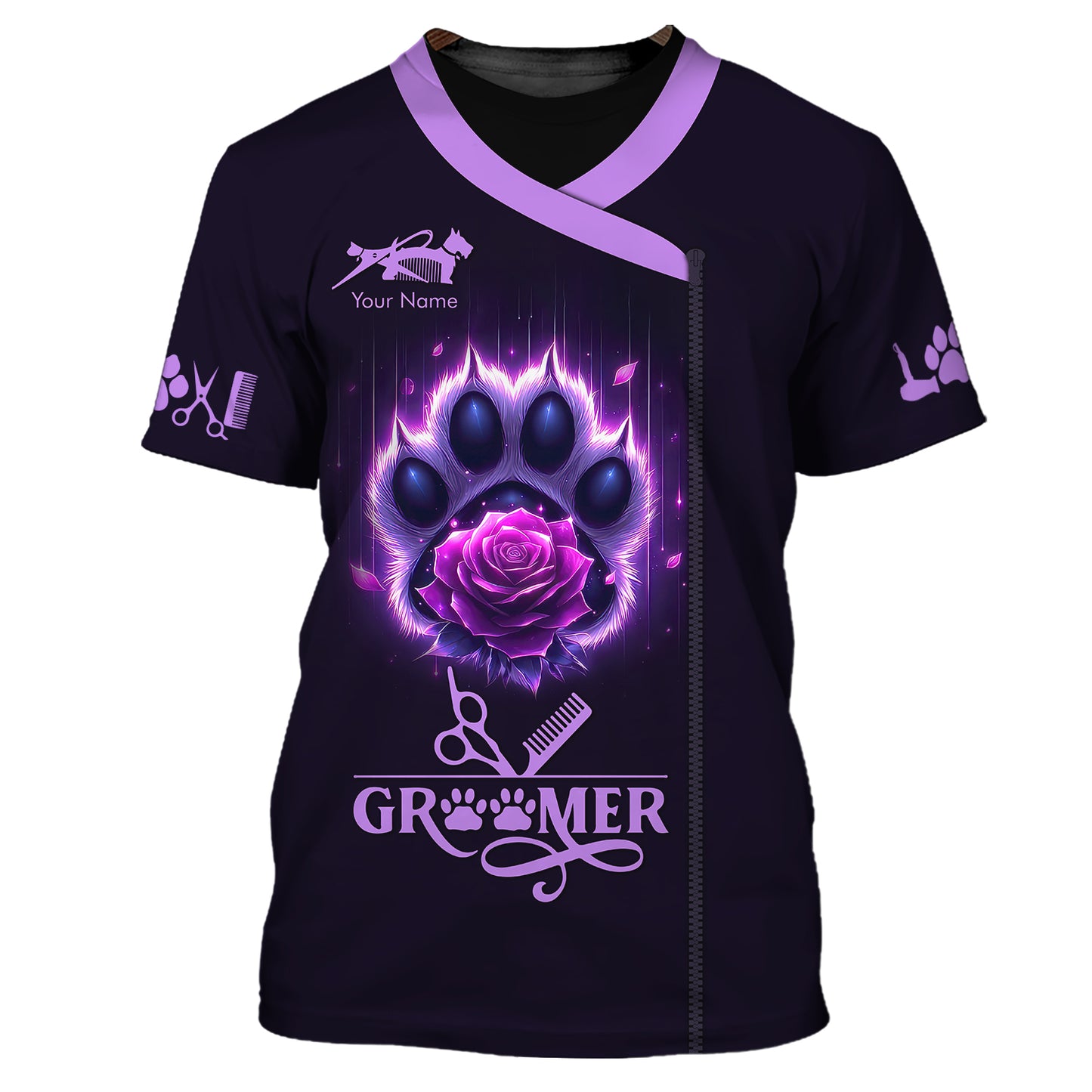 T-shirts personnalisés Groomer Paw And Rose Purple 3D Shirt