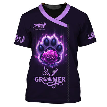 Groomer Custom T-Shirts Paw And Rose Purple 3D Shirt