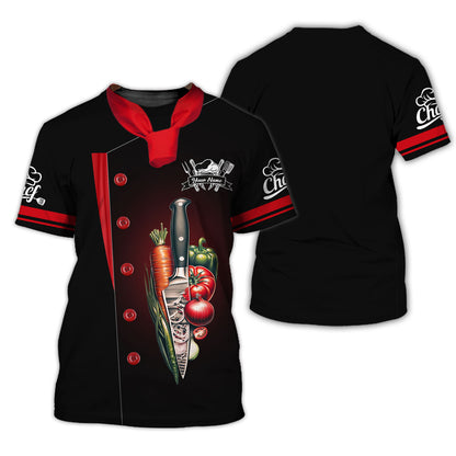 Camisa de chef personalizada: emblema de cuchillo y verduras de cosecha fresca