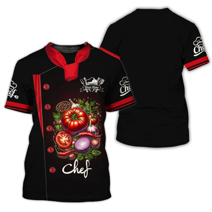 Camisa de chef personalizada: elegante diseño de tomate y cebolla para expertos culinarios