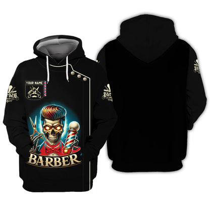 Camiseta de barbero con estampado completo en 3D y calavera personalizada, regalo con nombre para amantes de los barberos