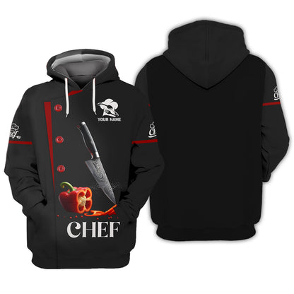 Camisa de chef personalizada: cuchillo de precisión y detalle de pimiento rojo