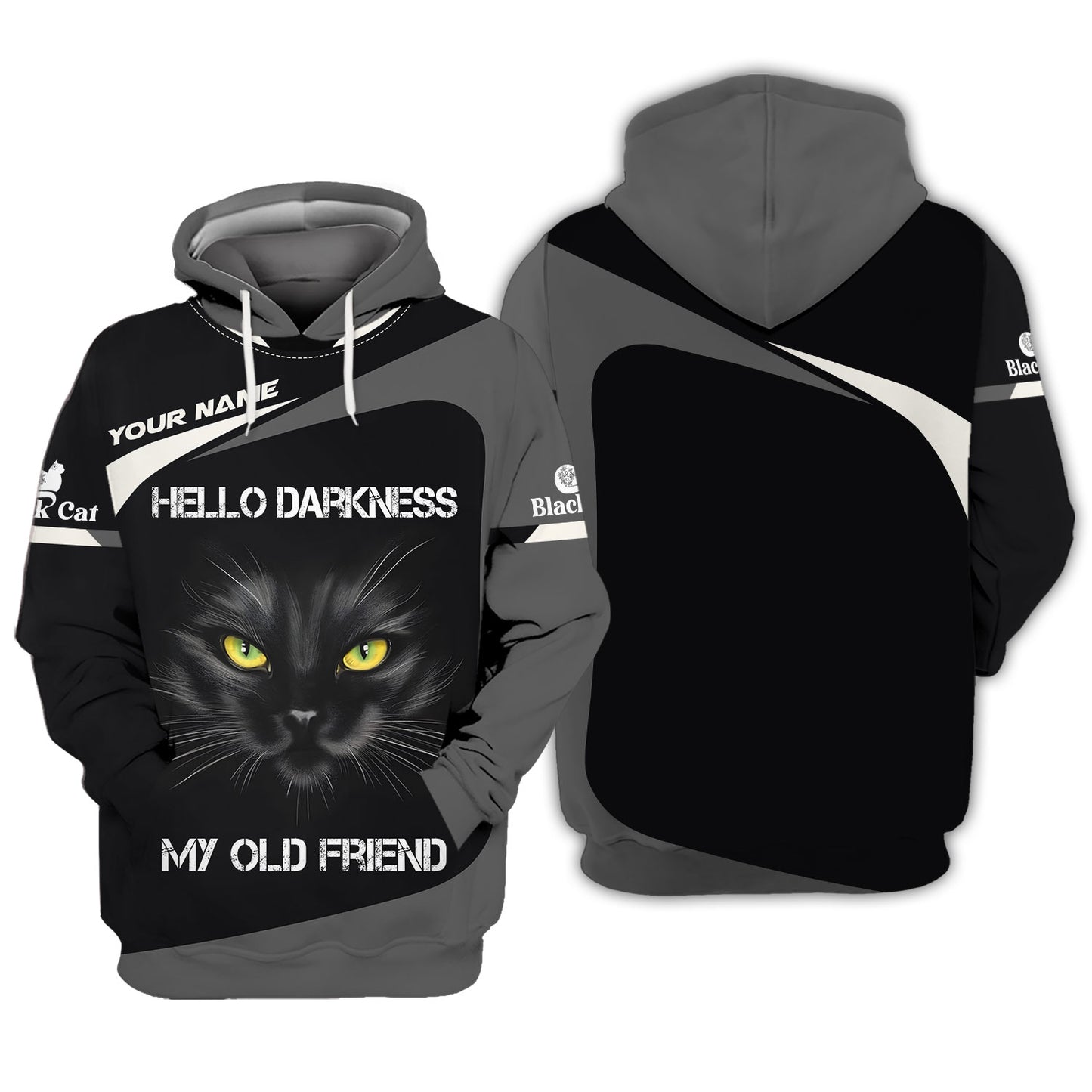 T-shirt personnalisé avec nom de chat noir Hello Darkness My Old Friend 3D Shirts Cadeau pour les amoureux des chats