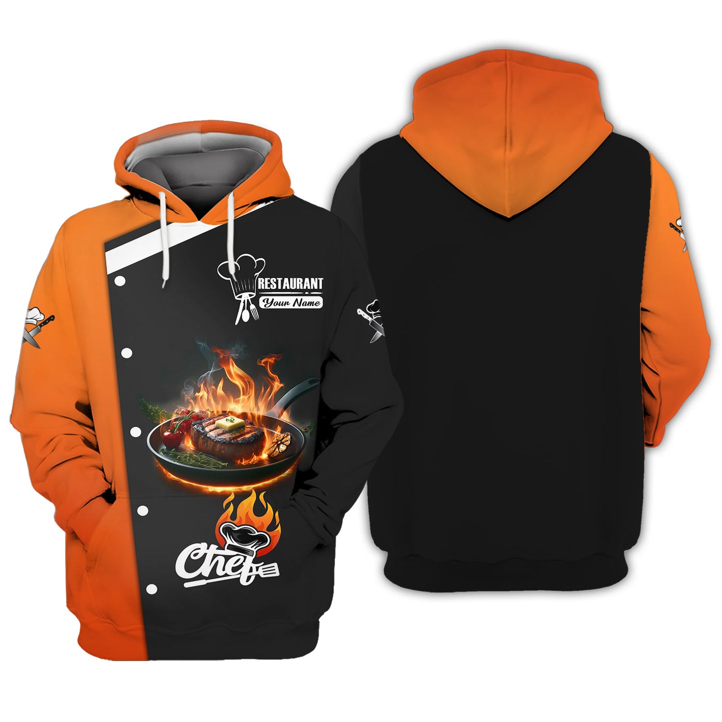 Personalized Chef Shirt - Fiery Steak Print in Black and Orange