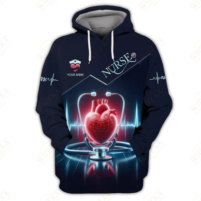 Camiseta de enfermera personalizada: gráfico de latidos del corazón y estetoscopio | Camiseta médica de corte cómodo