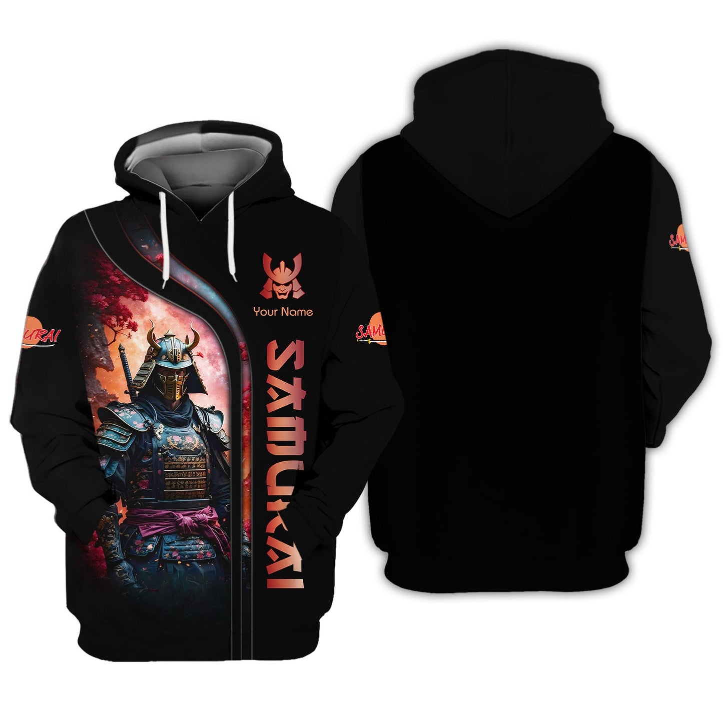 Sudadera con capucha y cremallera con nombre personalizado de samurái en 3D, regalo personalizado para amantes de los samuráis