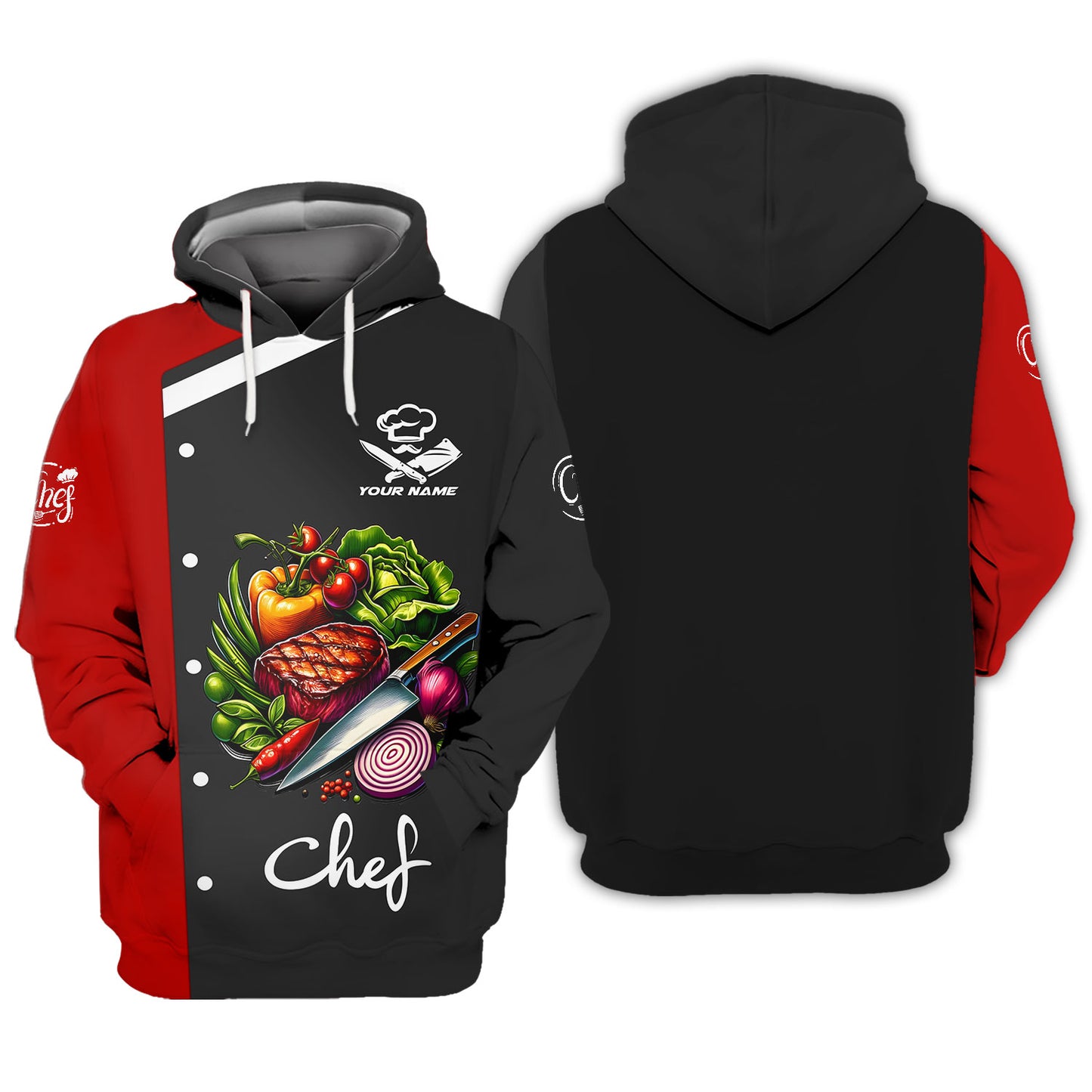 T-shirt de chef personnalisé – Motif d'ingrédients frais et colorés et de viande grillée