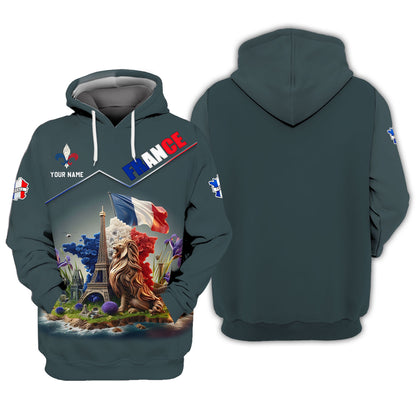 T-shirt imprimé 3D Love France avec nom personnalisé, cadeau pour les amoureux de la France