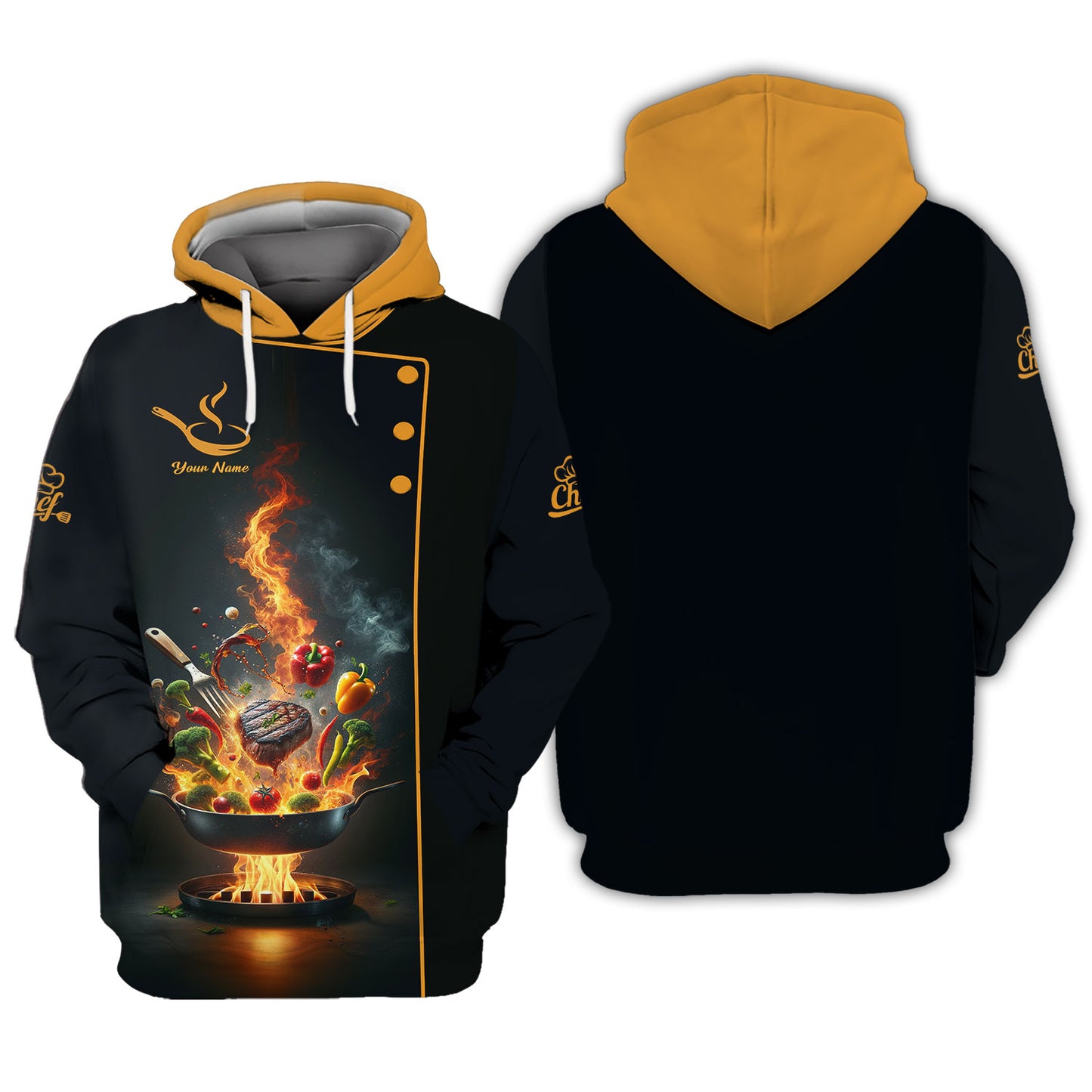 Personalized Chef Shirts - Dynamic Flaming Grill Design for Chefs