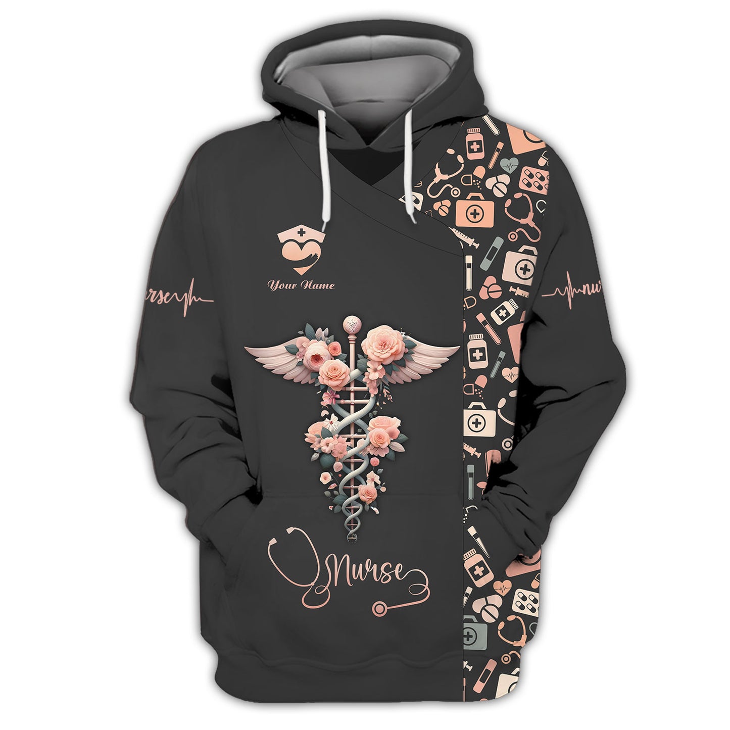 Personalized Nurse Shirt – Floral Caduceus with Angelic Wings Design