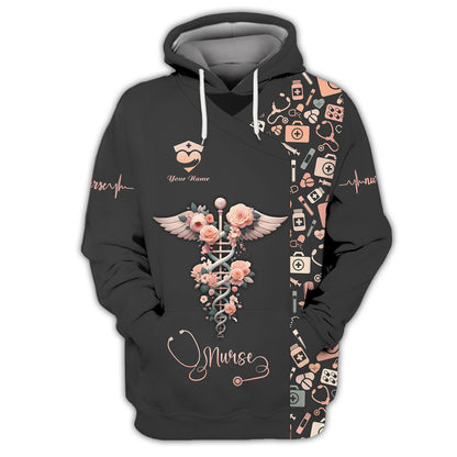 Camiseta de enfermera personalizada: diseño de caduceo floral con alas angelicales