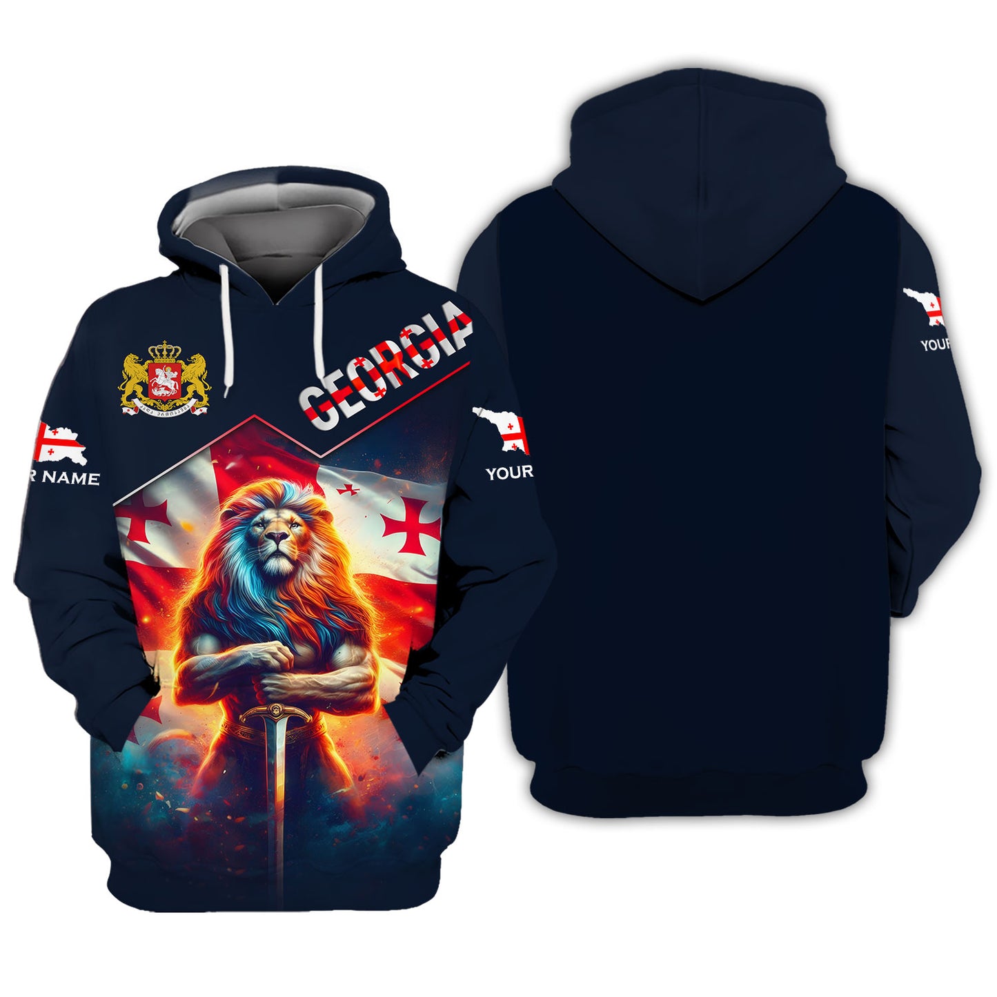 T-shirt personnalisé avec nom 3D Lion Warrior avec drapeau de la Géorgie, cadeau personnalisé pour les amoureux de Gruzia