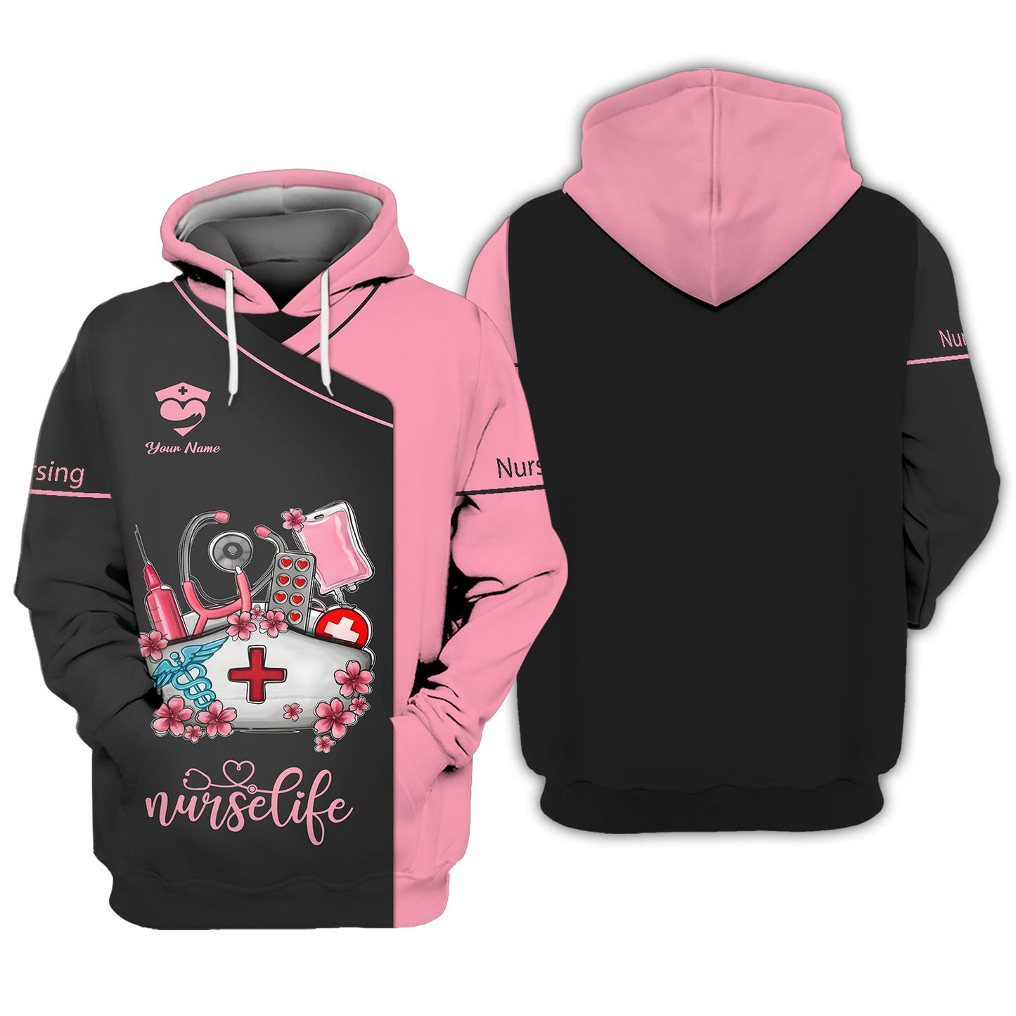 Camiseta de enfermera personalizada: «Nurse Life» con motivo médico en rosa y negro