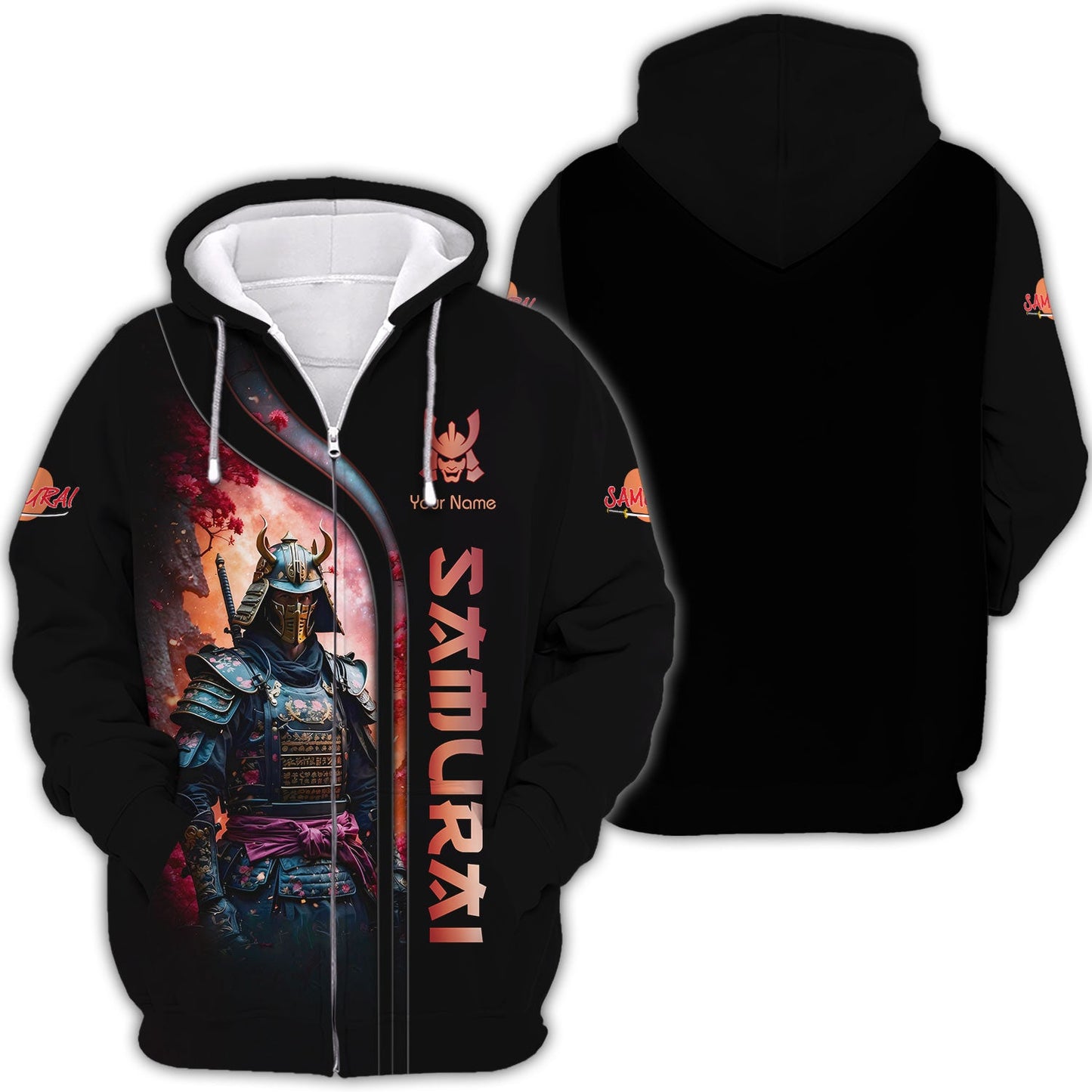 Sudadera con capucha y cremallera con nombre personalizado de samurái en 3D, regalo personalizado para amantes de los samuráis