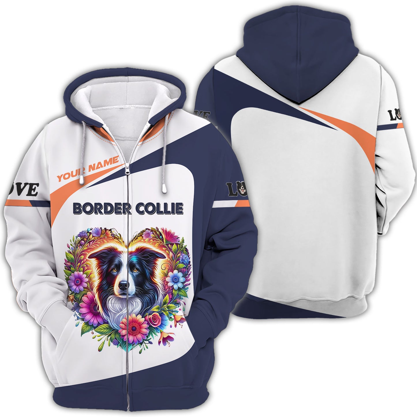 T-shirt Border Collie personnalisé - Motif cœur floral vibrant