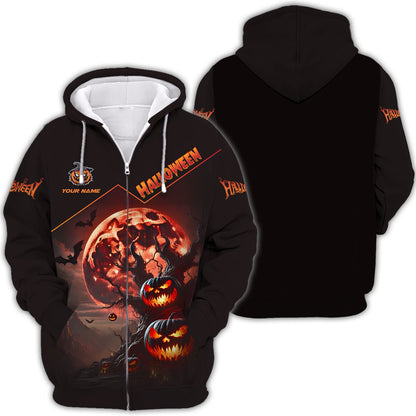 Camisetas de Halloween con estampado completo en 3D de calabaza y luna roja, regalo personalizado con nombre para amantes de Halloween