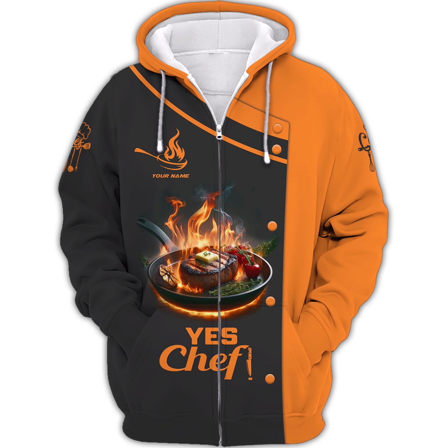 Personalized Chef Shirt – Flaming Steak for Culinary Enthusiasts, Yes Chef!