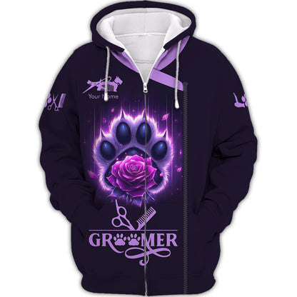 T-shirts personnalisés Groomer Paw And Rose Purple 3D Shirt