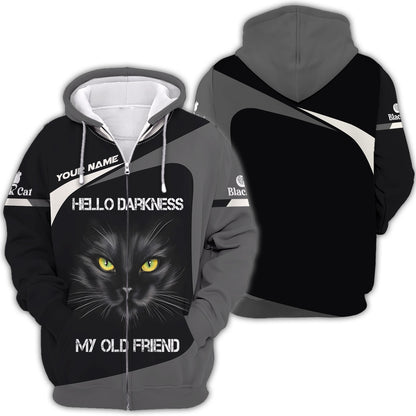 T-shirt personnalisé avec nom de chat noir Hello Darkness My Old Friend 3D Shirts Cadeau pour les amoureux des chats