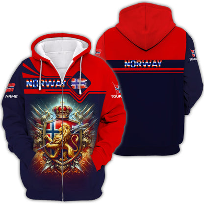 Sweat à capuche zippé Love Norway T-shirt imprimé 3D avec nom personnalisé Cadeau pour les amoureux de la Norvège