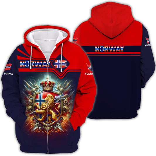 Sweat à capuche zippé Love Norway T-shirt imprimé 3D avec nom personnalisé Cadeau pour les amoureux de la Norvège