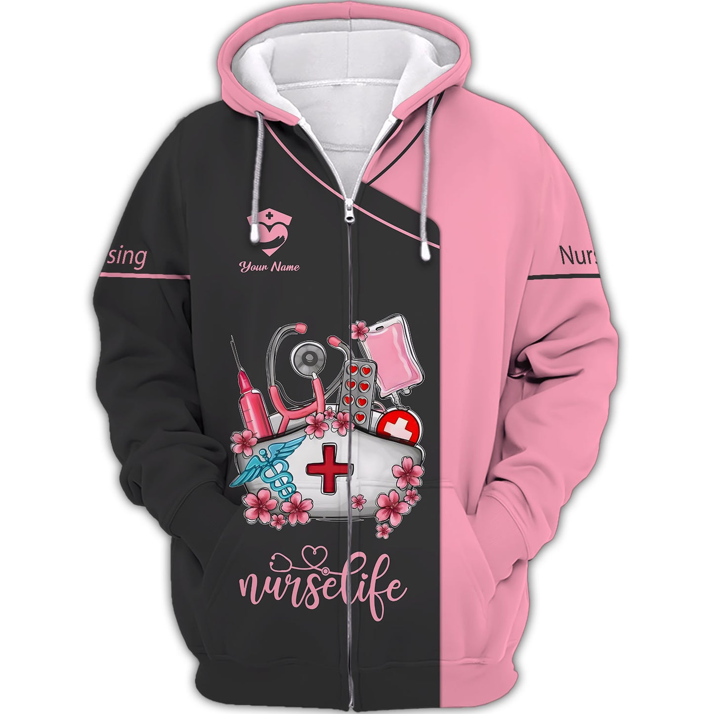 T-shirt d'infirmière personnalisé – « Nurse Life » avec motif médical en rose et noir