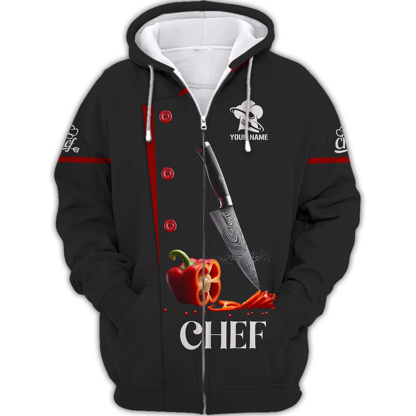 Camisa de chef personalizada: cuchillo de precisión y detalle de pimiento rojo