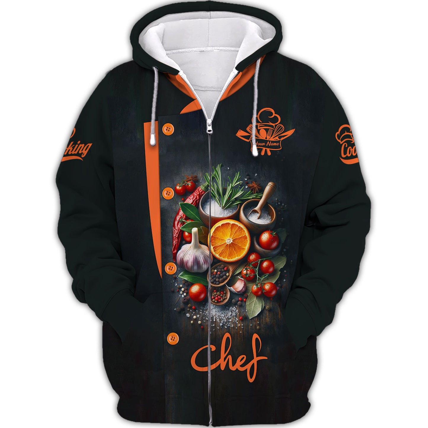 Camisa de chef personalizada: diseño vibrante de cítricos y especias para cocineros apasionados