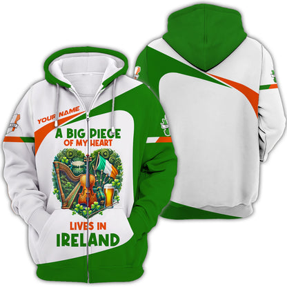 Una gran parte de mi corazón vive en Irlanda Camisetas con nombre personalizadas Regalo para amantes irlandeses