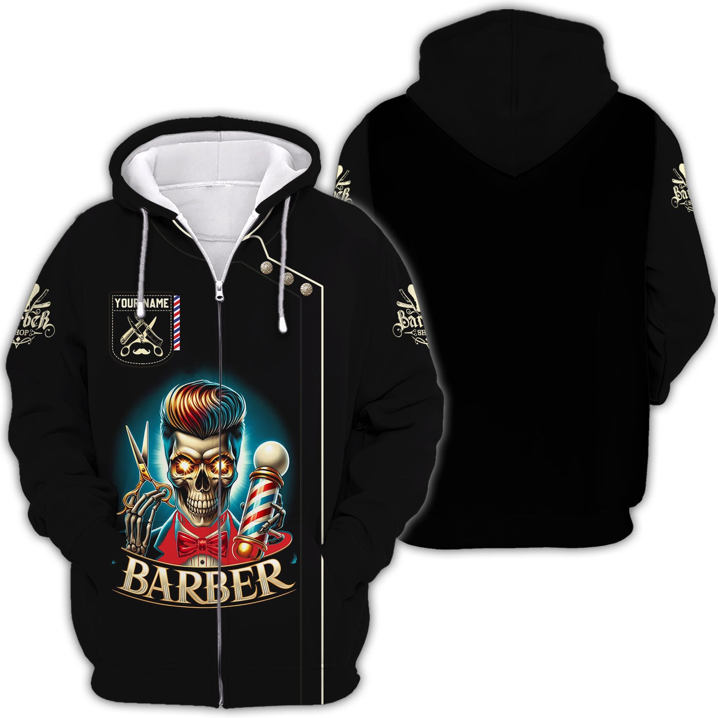 Camiseta de barbero con estampado completo en 3D y calavera personalizada, regalo con nombre para amantes de los barberos