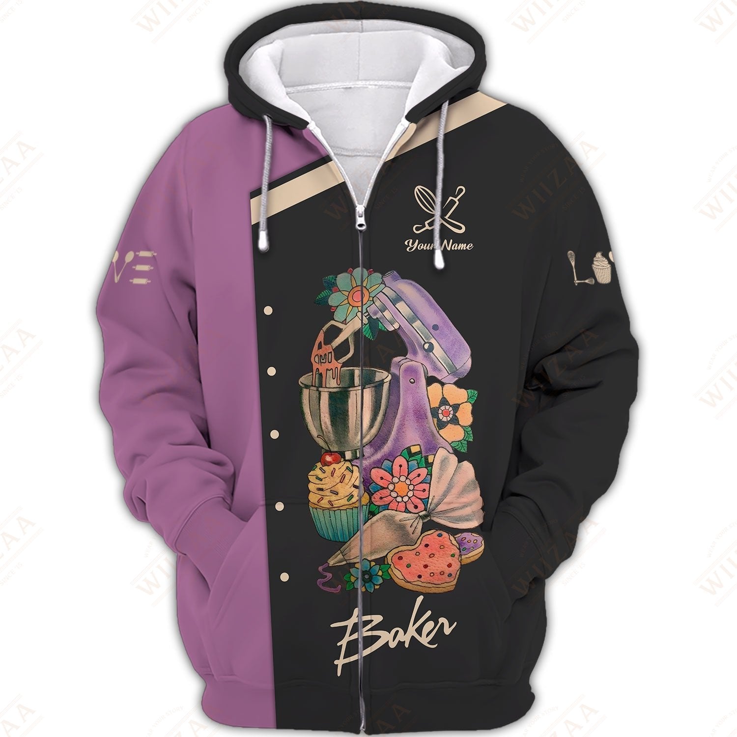 T shirt de boulanger personnalise Illustration vibrante de mixeur et de patisserie sur mauve