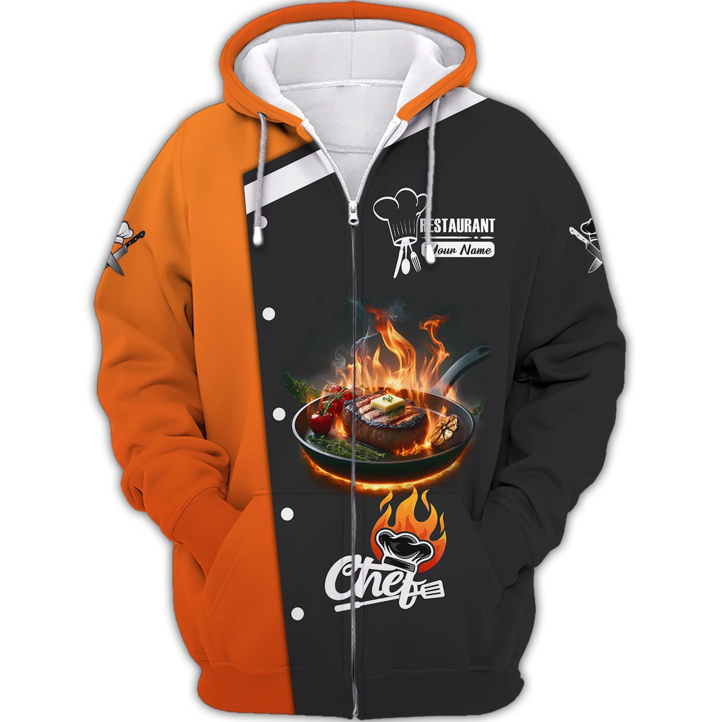 Personalized Chef Shirt - Fiery Steak Print in Black and Orange