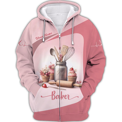 Personalized Baker Shirts - Soft Pink Baking Essentials Design for Pastry Chefs