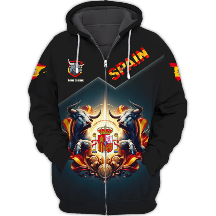 Personalized Spain Pride Shirt - Dual Bulls and Coat of Arms Design for Spain Enthusiasts