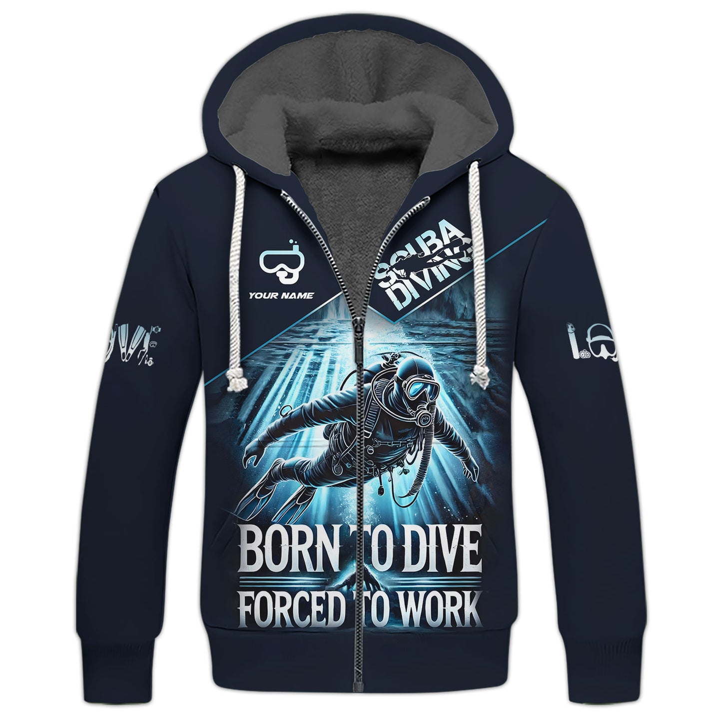 T-shirt personnalisé avec nom de plongée sous-marine en 3D Né pour plonger Forcé de travailler Cadeau pour les amateurs de plongée