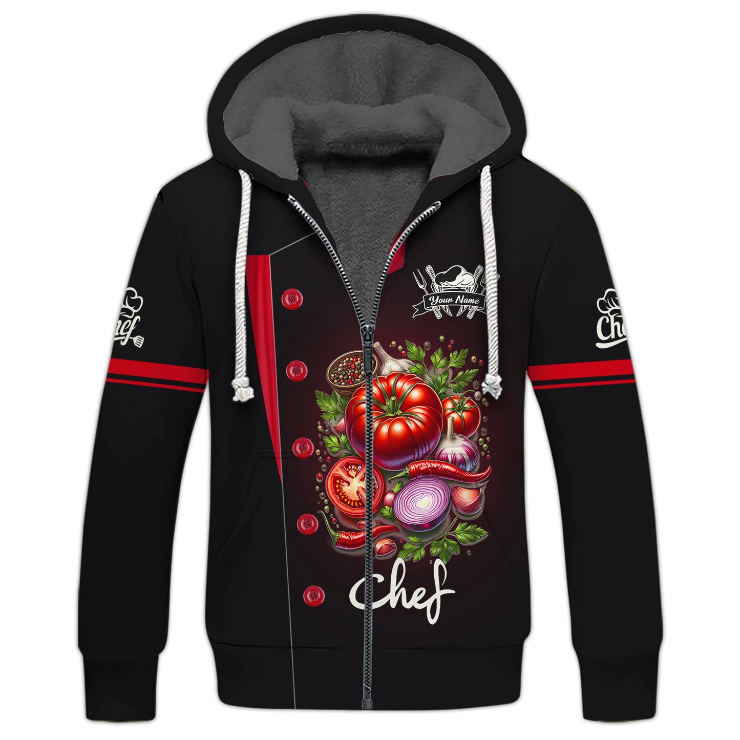 Camisa de chef personalizada: elegante diseño de tomate y cebolla para expertos culinarios