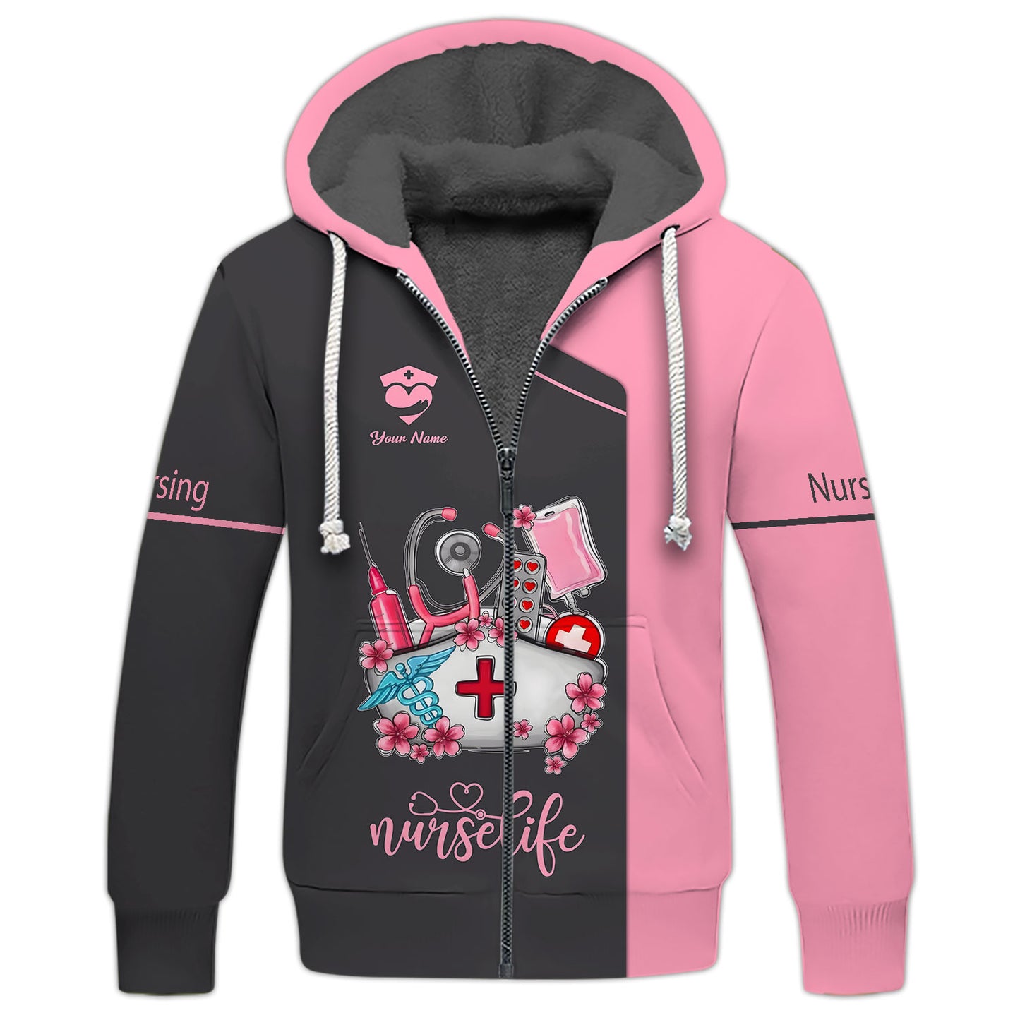 T-shirt d'infirmière personnalisé – « Nurse Life » avec motif médical en rose et noir